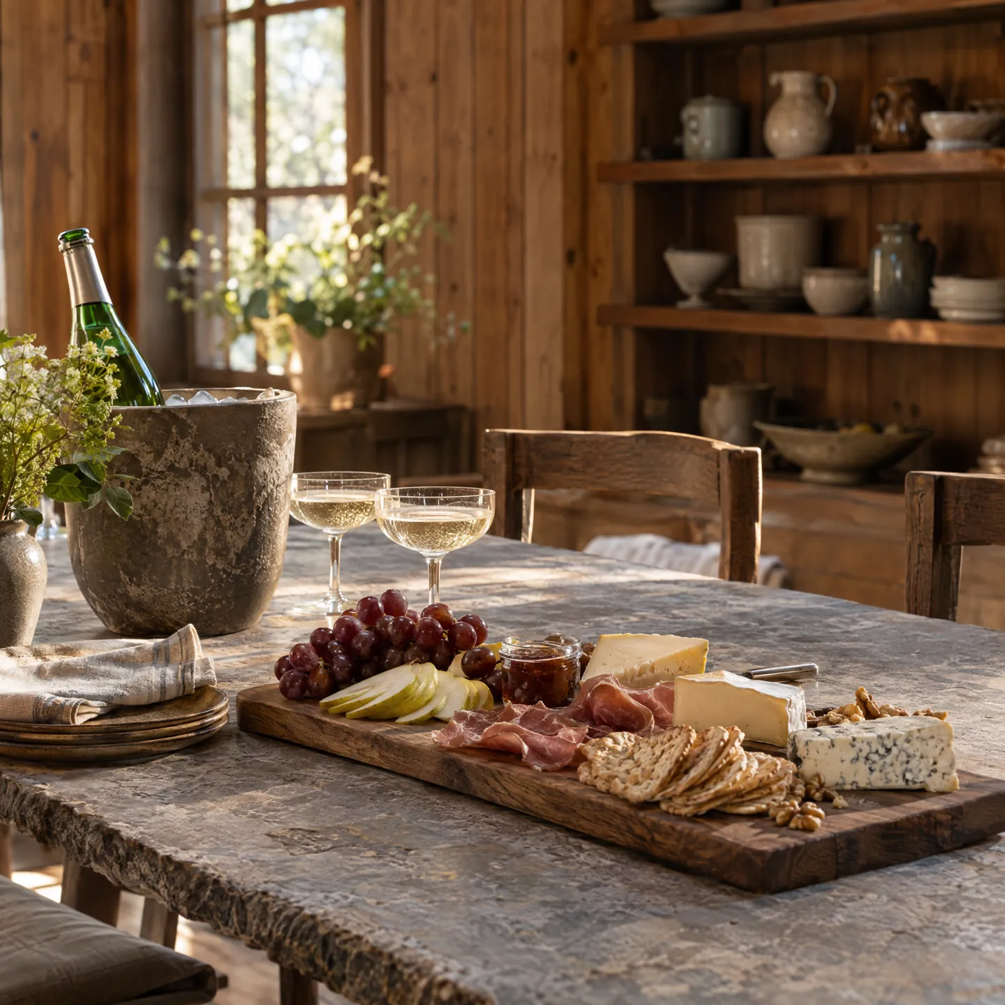 The arrival board on the stone table: local cheeses, cured meats, pear, grapes and a bottle of sparkling water on ice