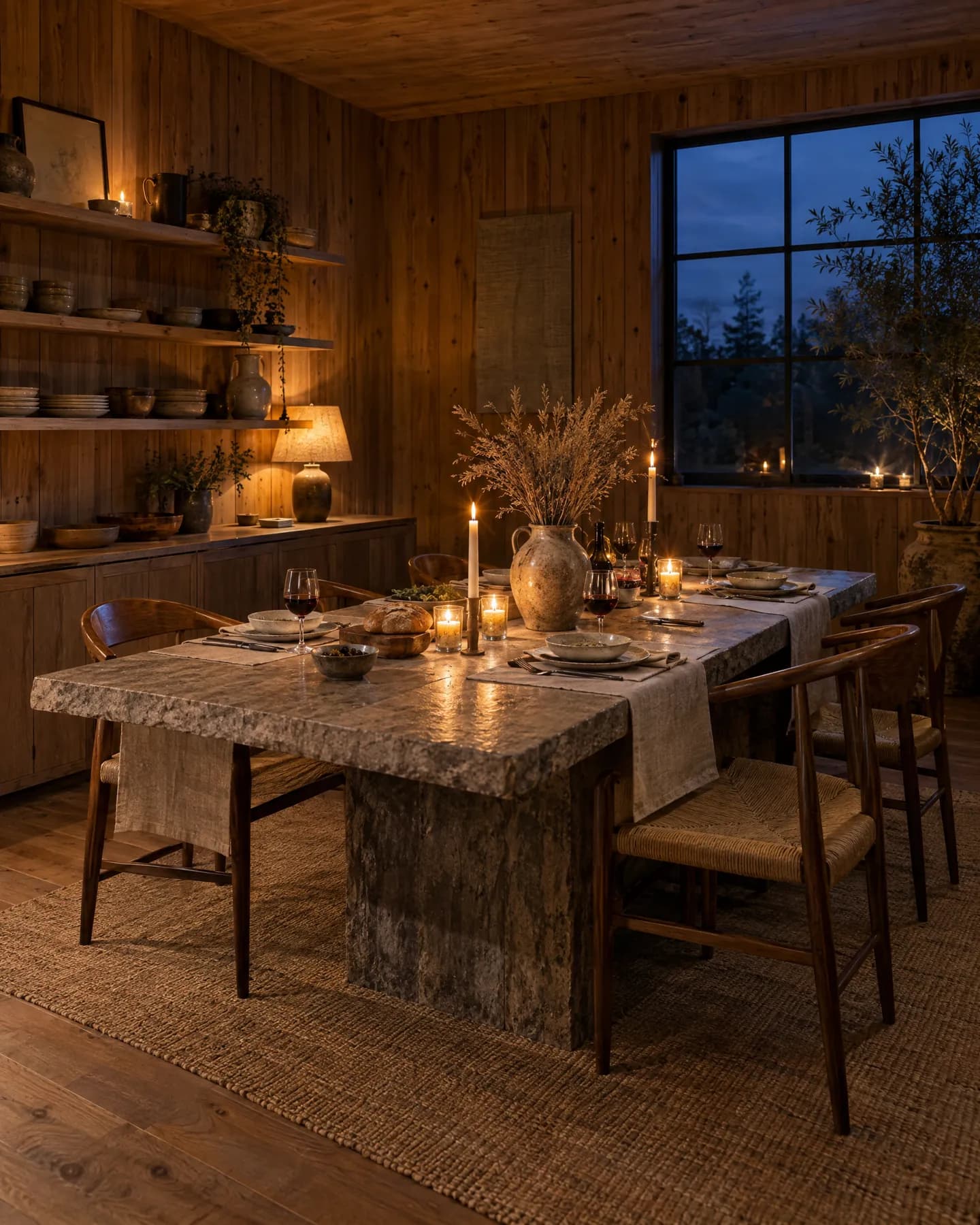 The dining room at dusk, the long stone table set with candles for a private dinner