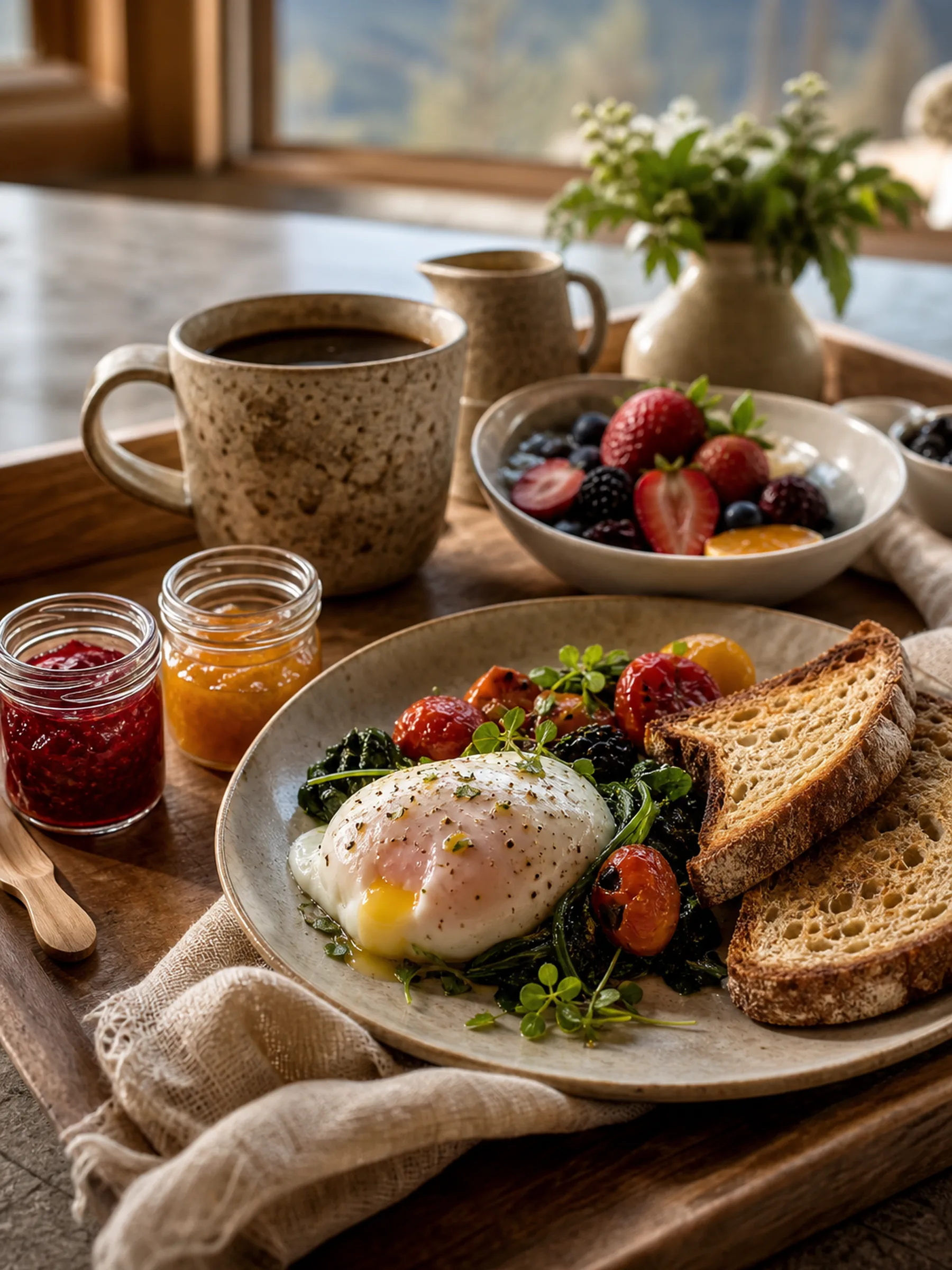 Small breakfast plates arranged on linen for service