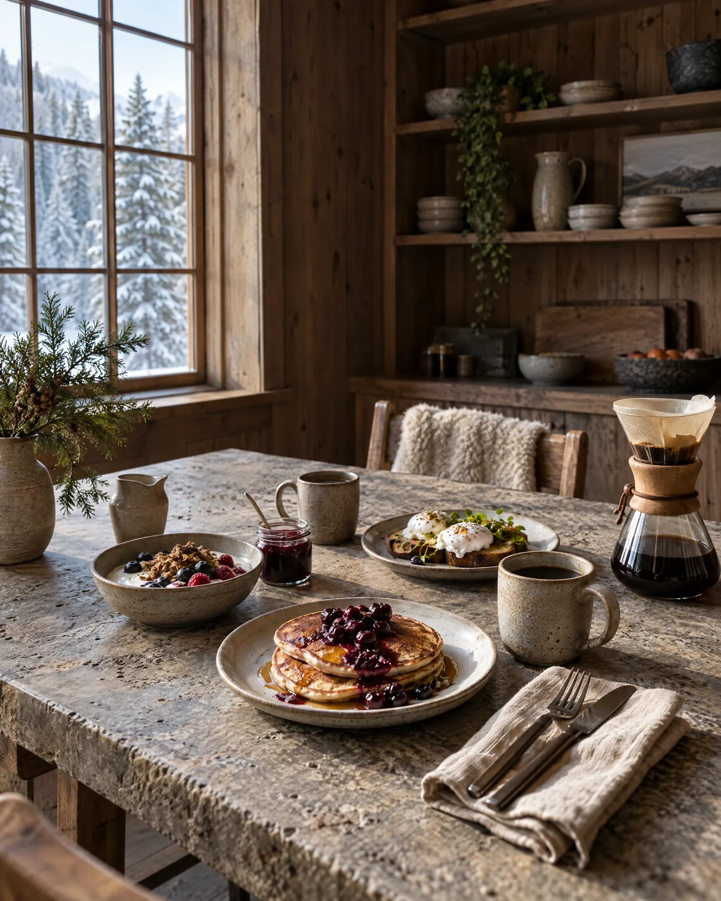 Breakfast for two on the long stone table: pancakes with berry compote, eggs on sourdough and coffee