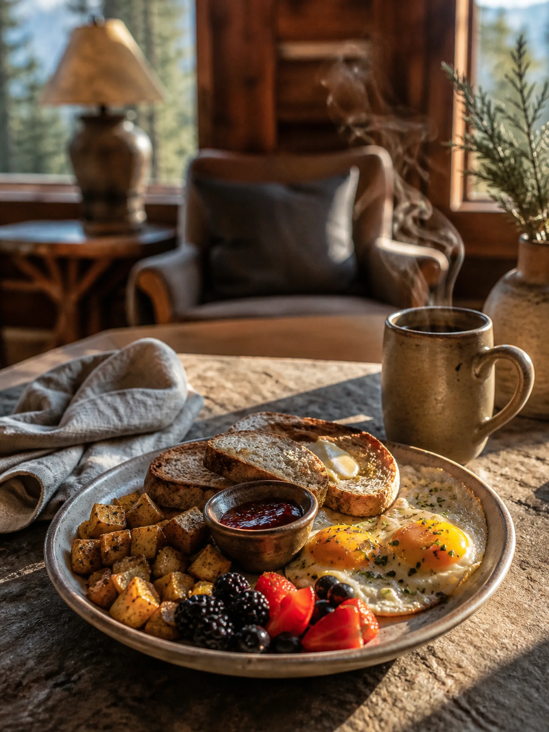 A homemade breakfast plate with coffee at Cedar and Stone Lodge