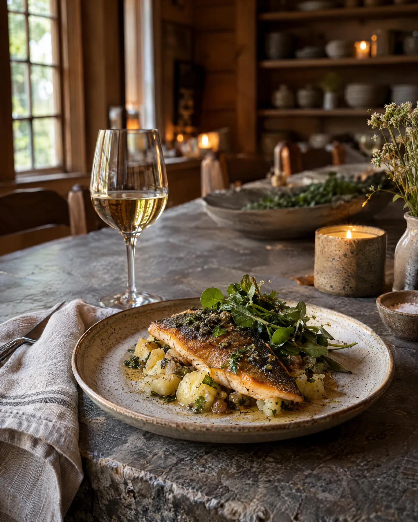 A plated dinner course by candlelight: seared trout on crushed potatoes with greens and a glass of white wine