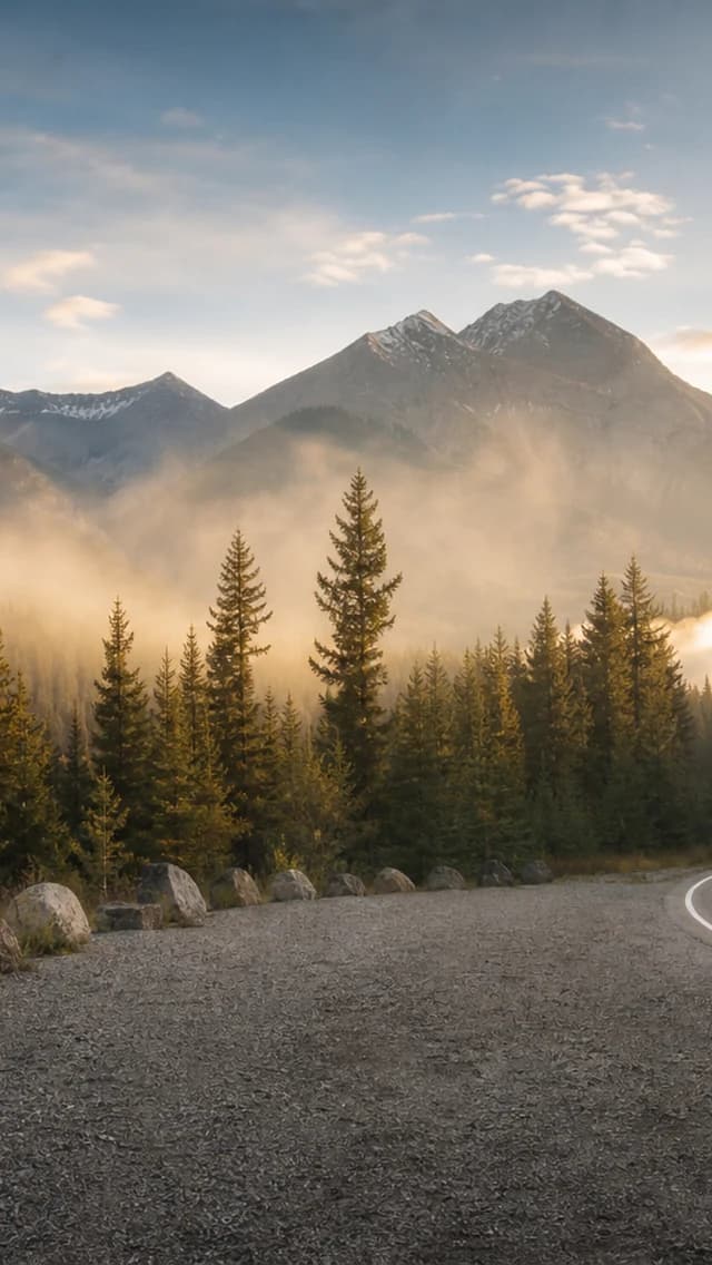A quiet Kootenay National Park valley road at golden hour