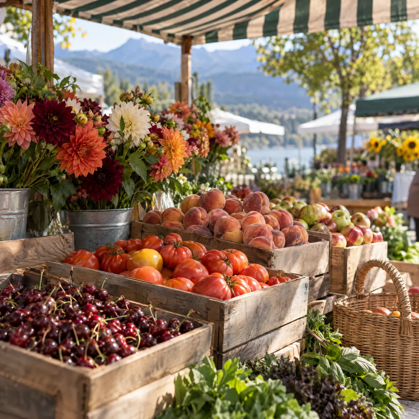 Crates of cherries, peaches and tomatoes with buckets of dahlias at a summer market stall