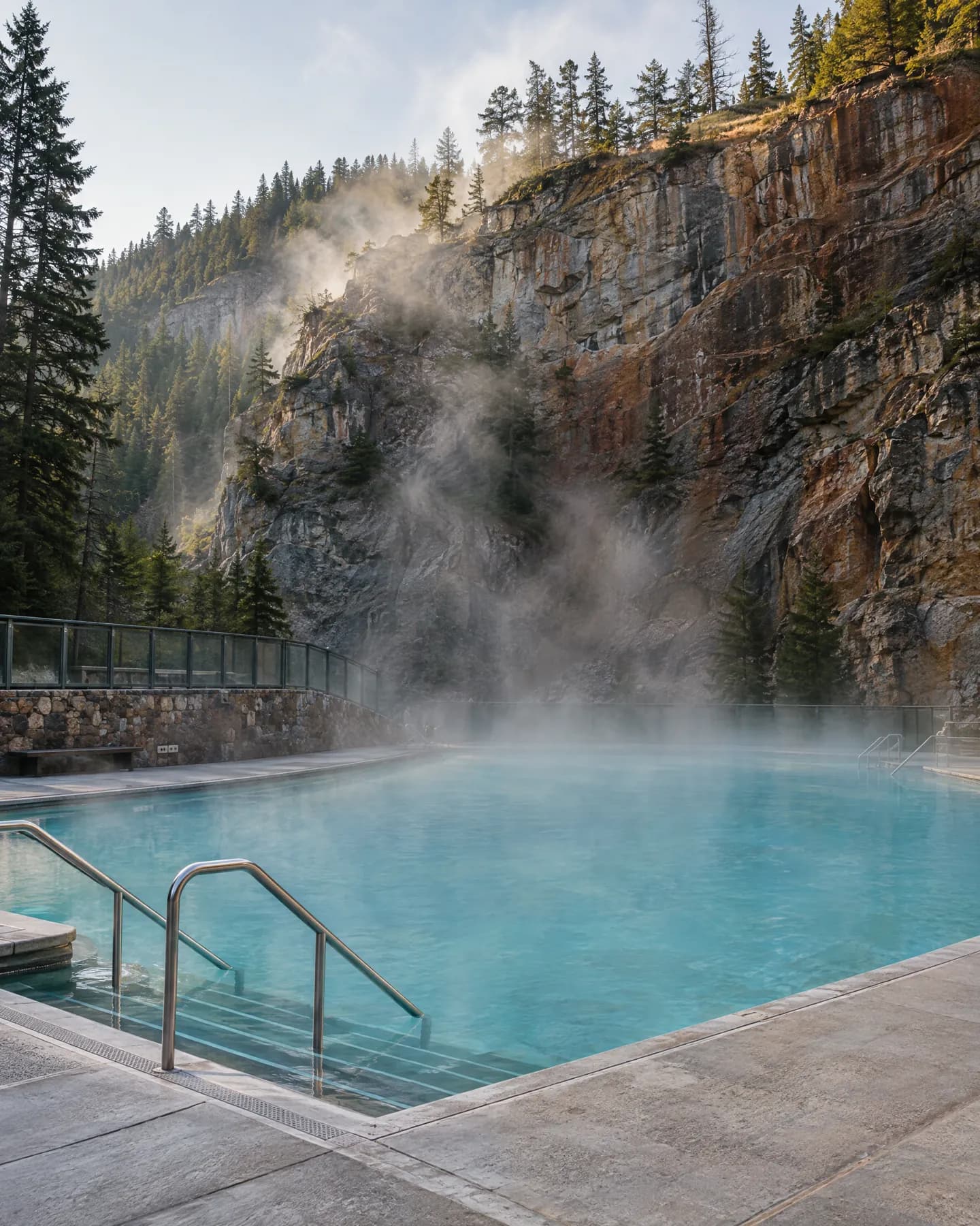The steaming hot pool at Radium Hot Springs below the limestone cliff of Sinclair Canyon