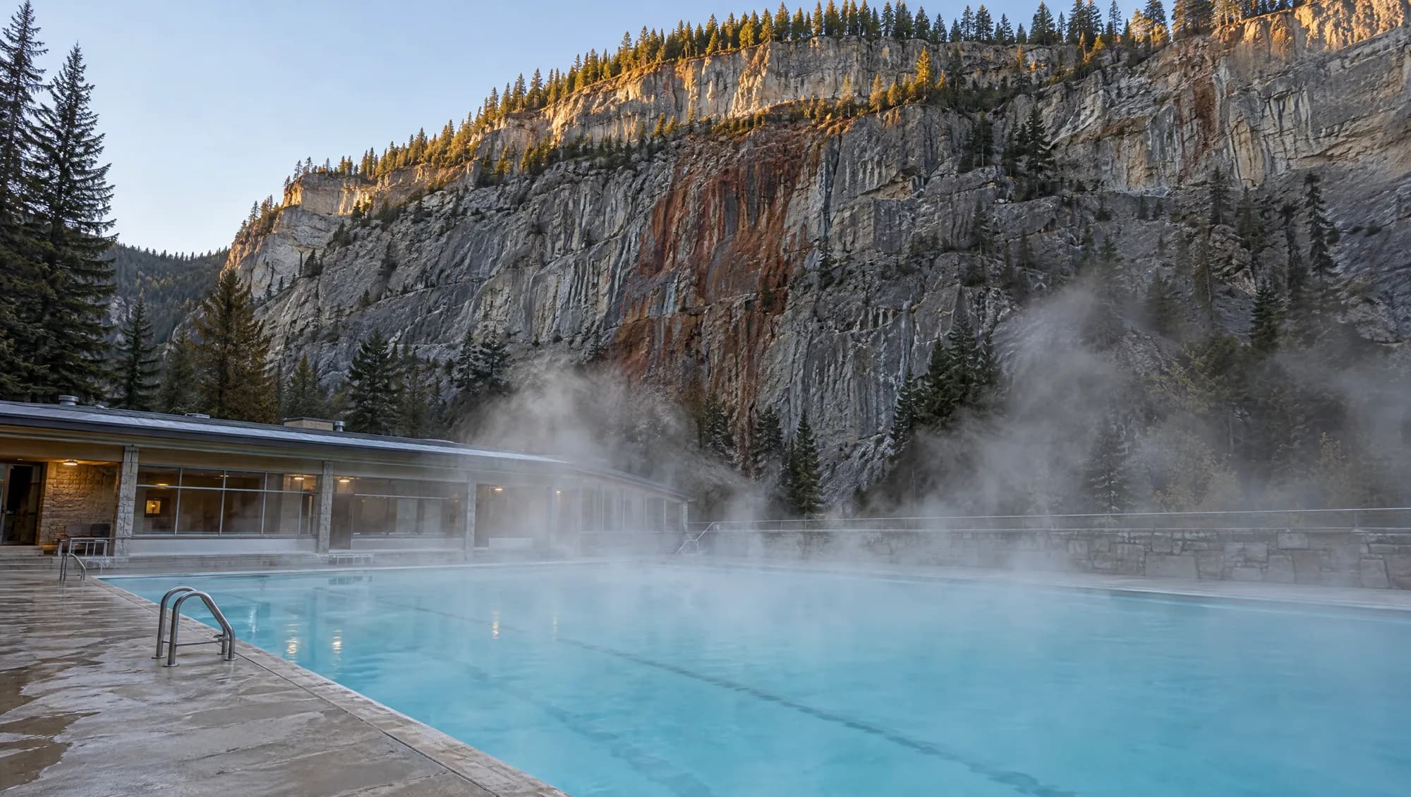 Steam rising off the Radium hot pools below the striped limestone cliffs of Sinclair Canyon on a cold morning