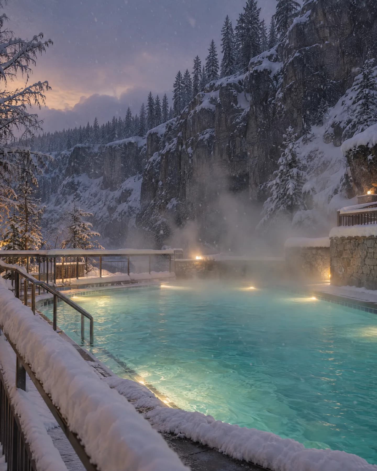 Snow falling on the lit hot pool at dusk, steam rising against the snowy canyon wall