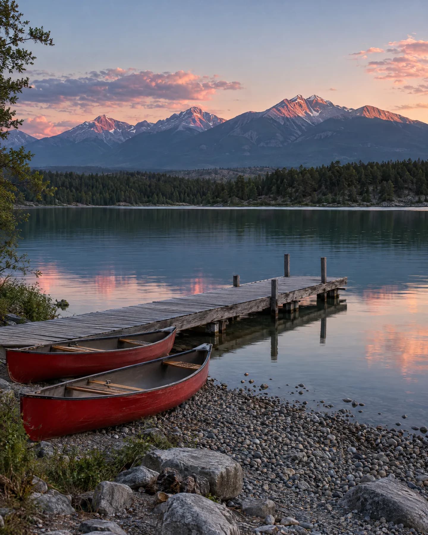 A wooden dock and two red canoes on the shore of Lake Windermere at dusk