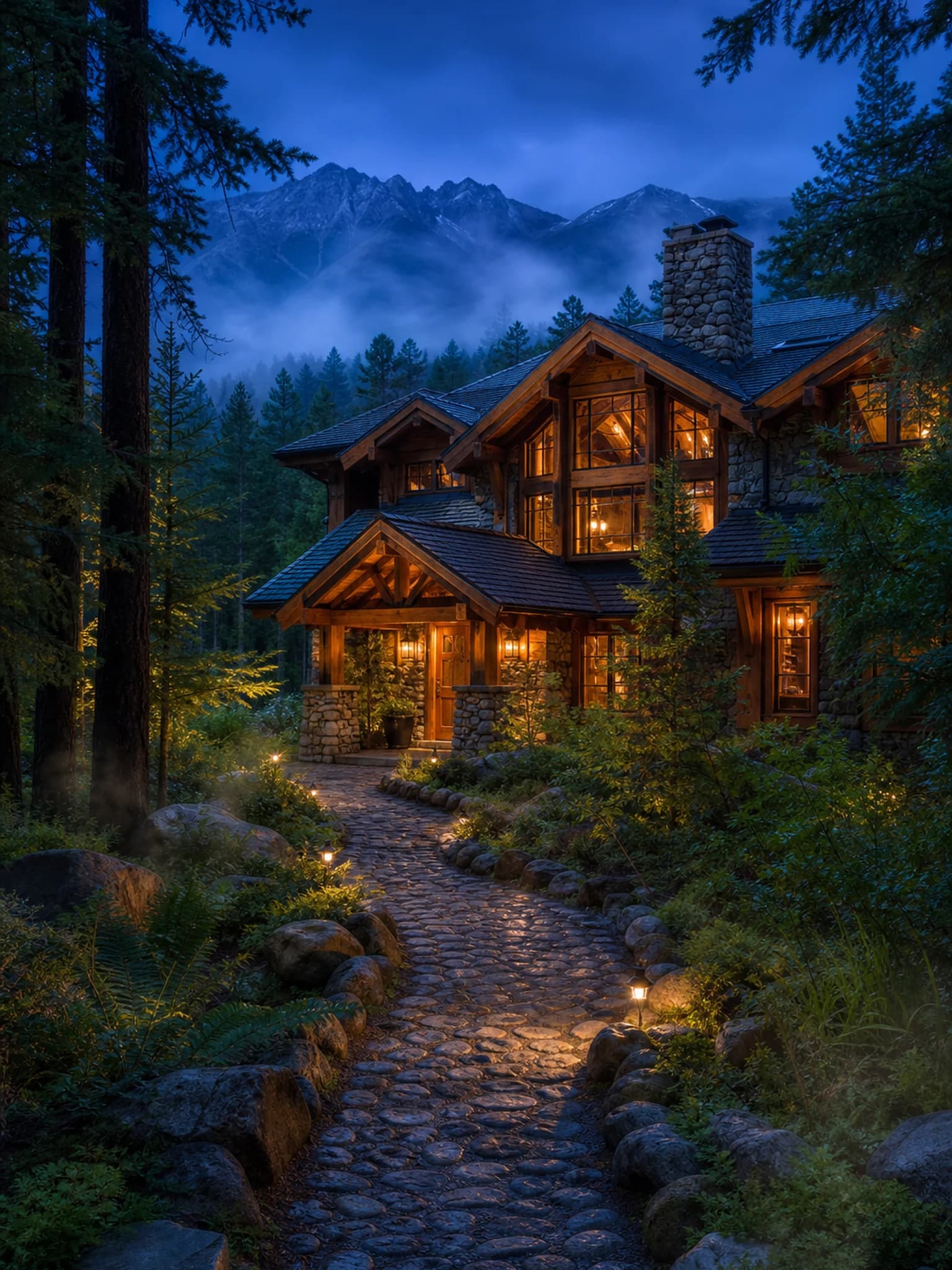 Cedar and Stone Lodge glowing at golden hour in Radium