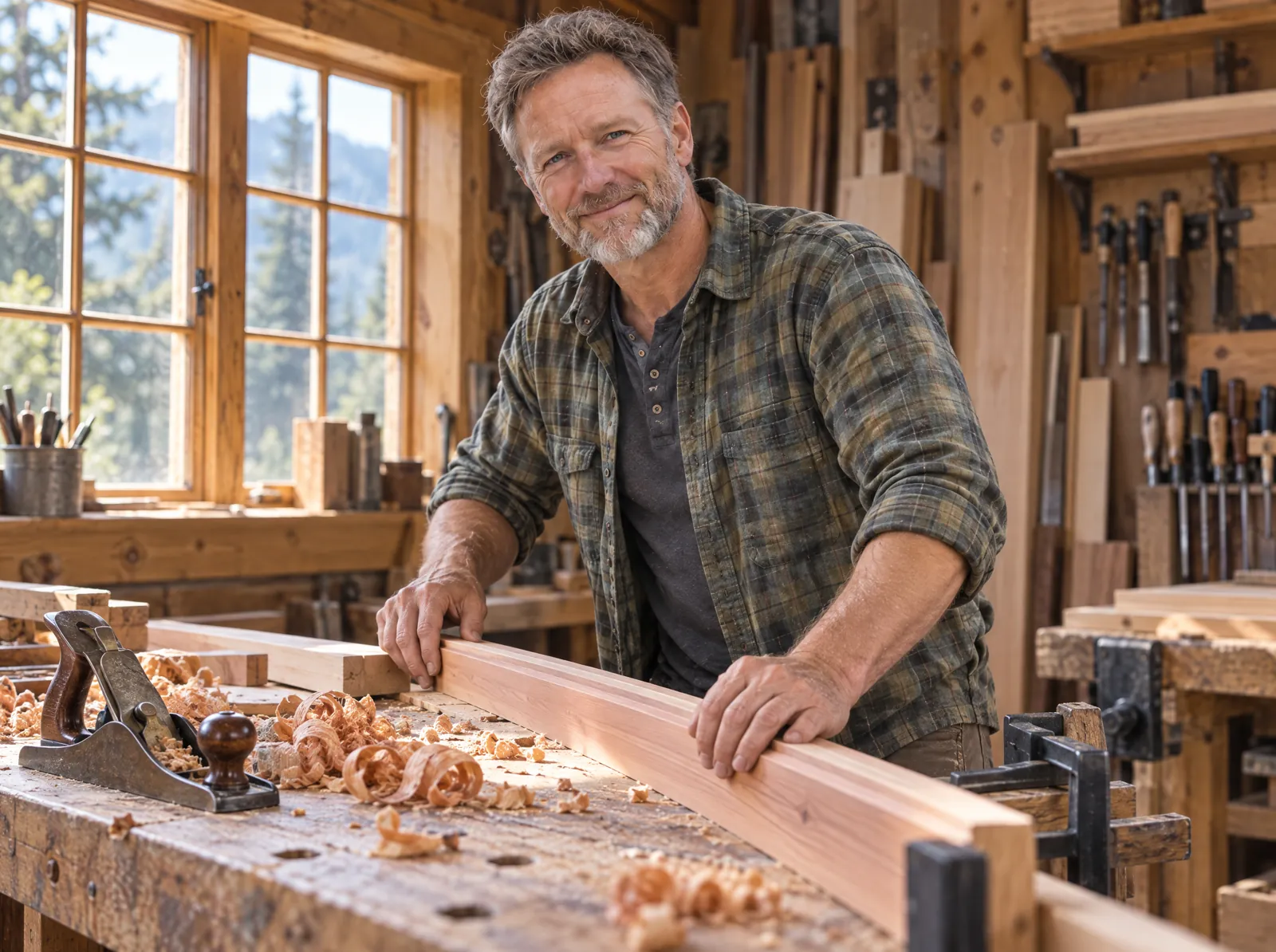 Theo at his workbench fitting a length of fresh-planed cedar trim, shavings on the bench