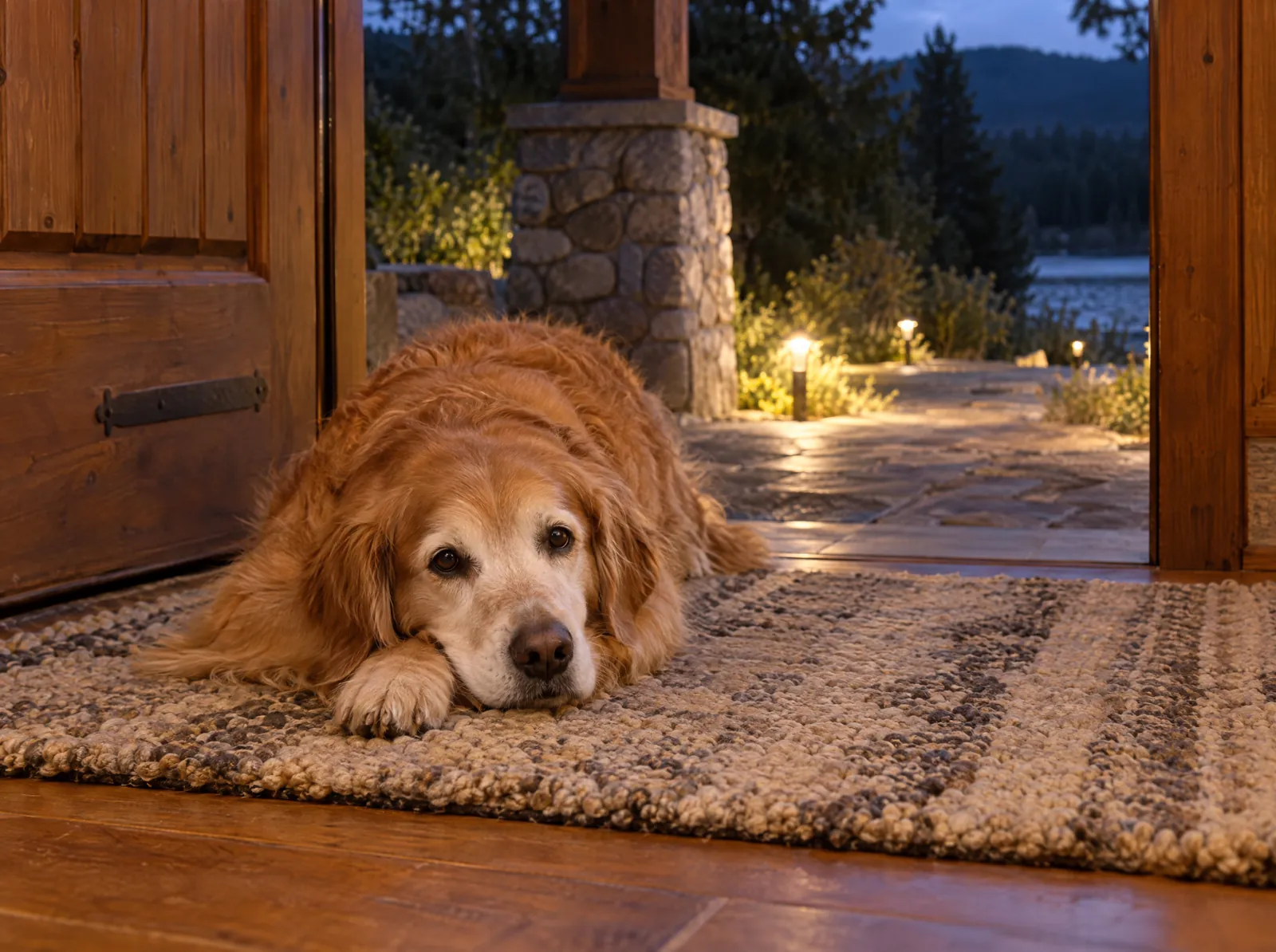 Charli, the golden retriever, lying on a wool rug just inside the open front door at dusk