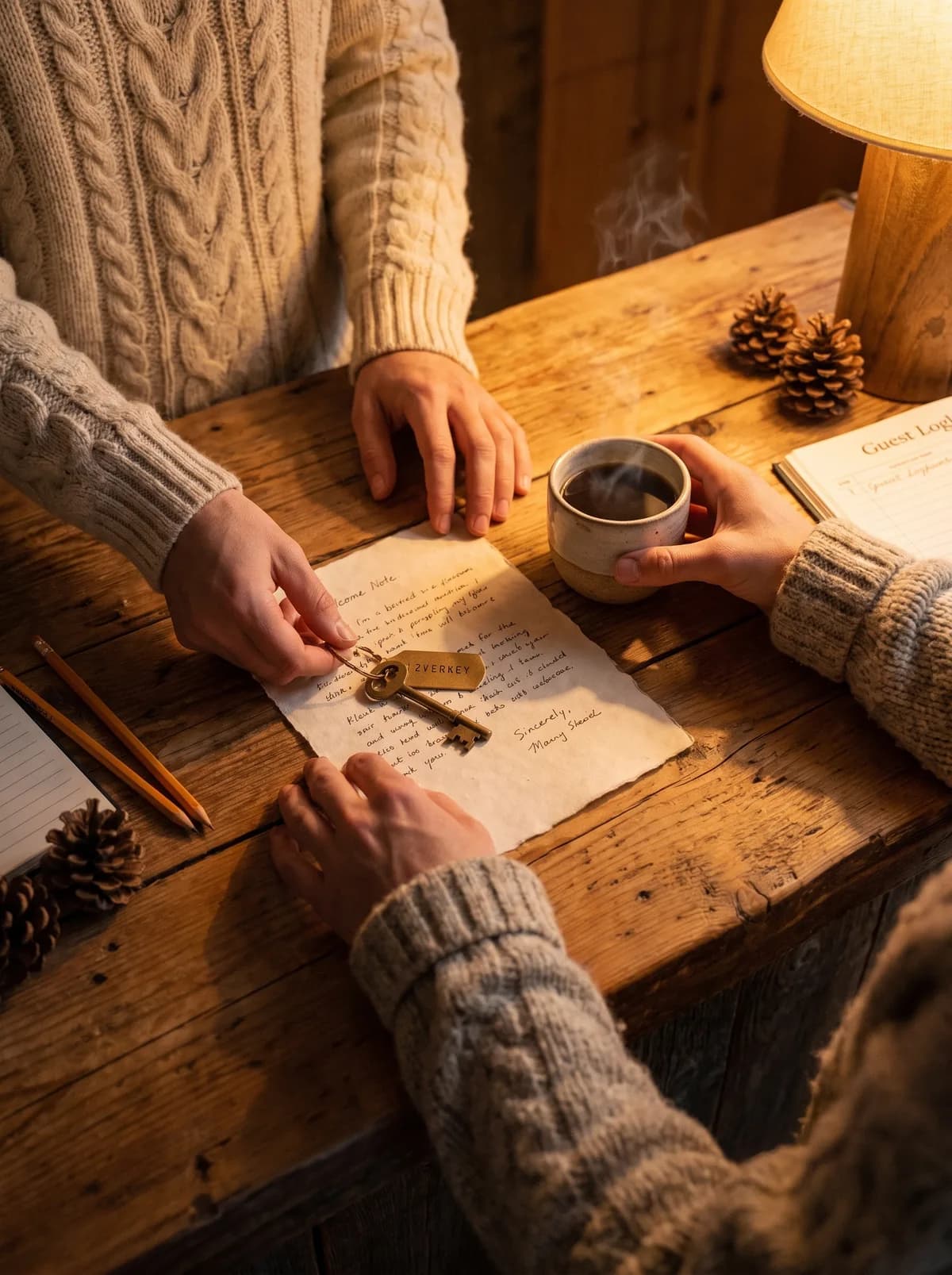 The hosts of Cedar & Stone Lodge setting out a room key and welcome note at the front desk