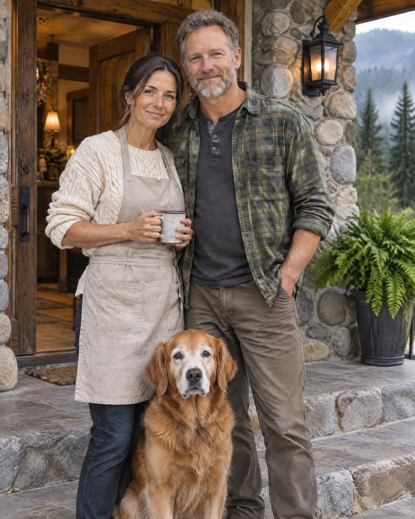 Mara and Theo on the stone front step of the lodge with Charli, their golden retriever