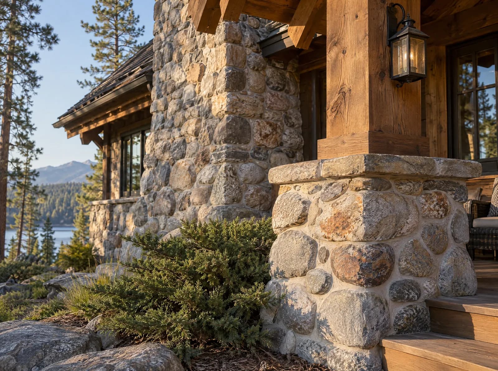 The lodge's river-stone porch pillar and chimney base in late-afternoon sun