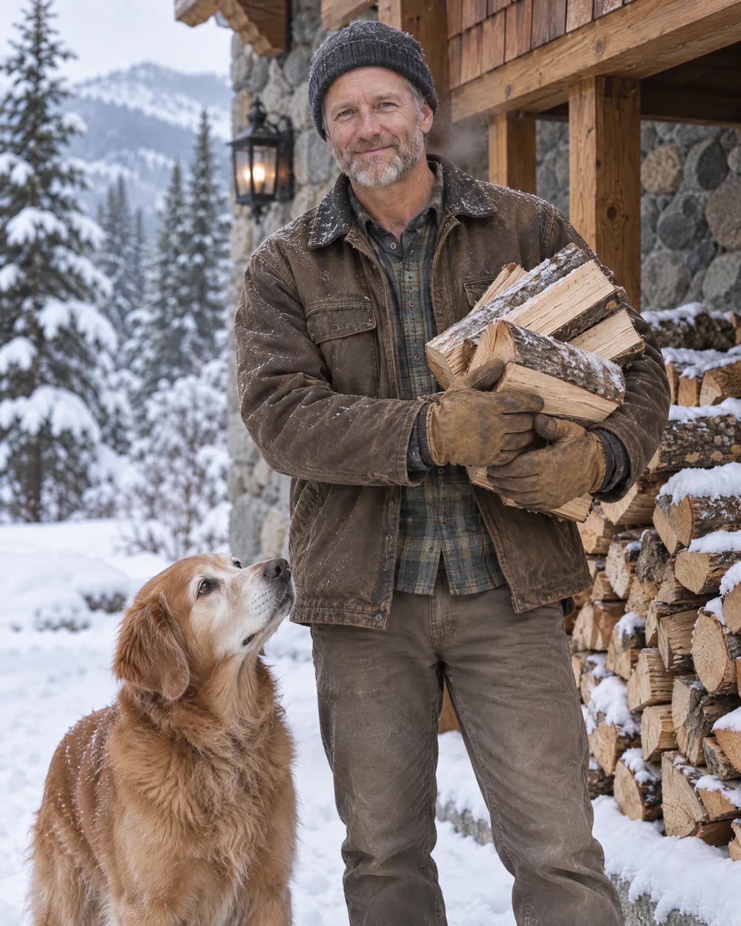 Theo carrying an armload of firewood past the snowy woodpile, Charli at his side