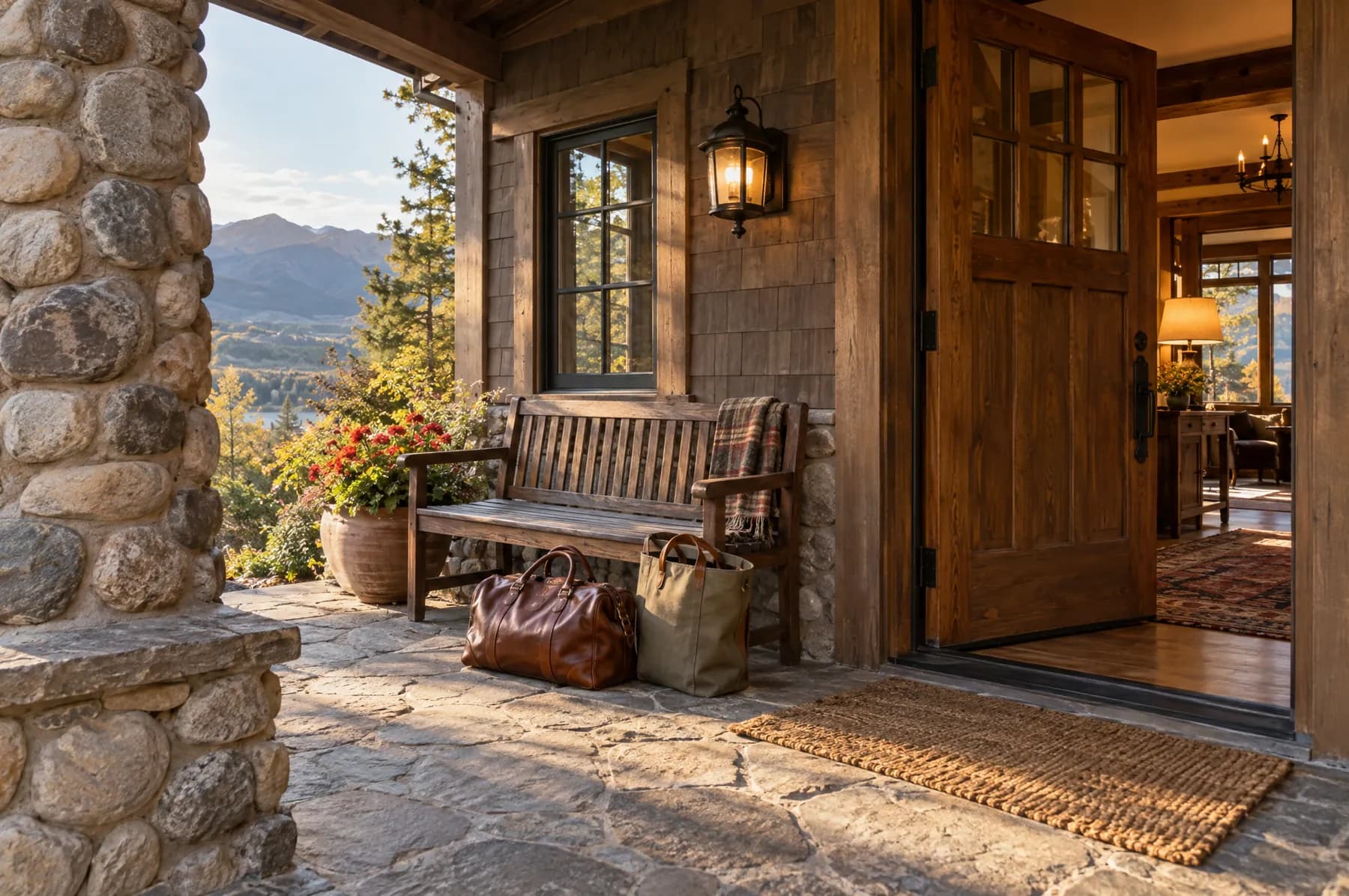 The lodge's covered porch in afternoon sun, the cedar door open and a weekend bag set down by the bench