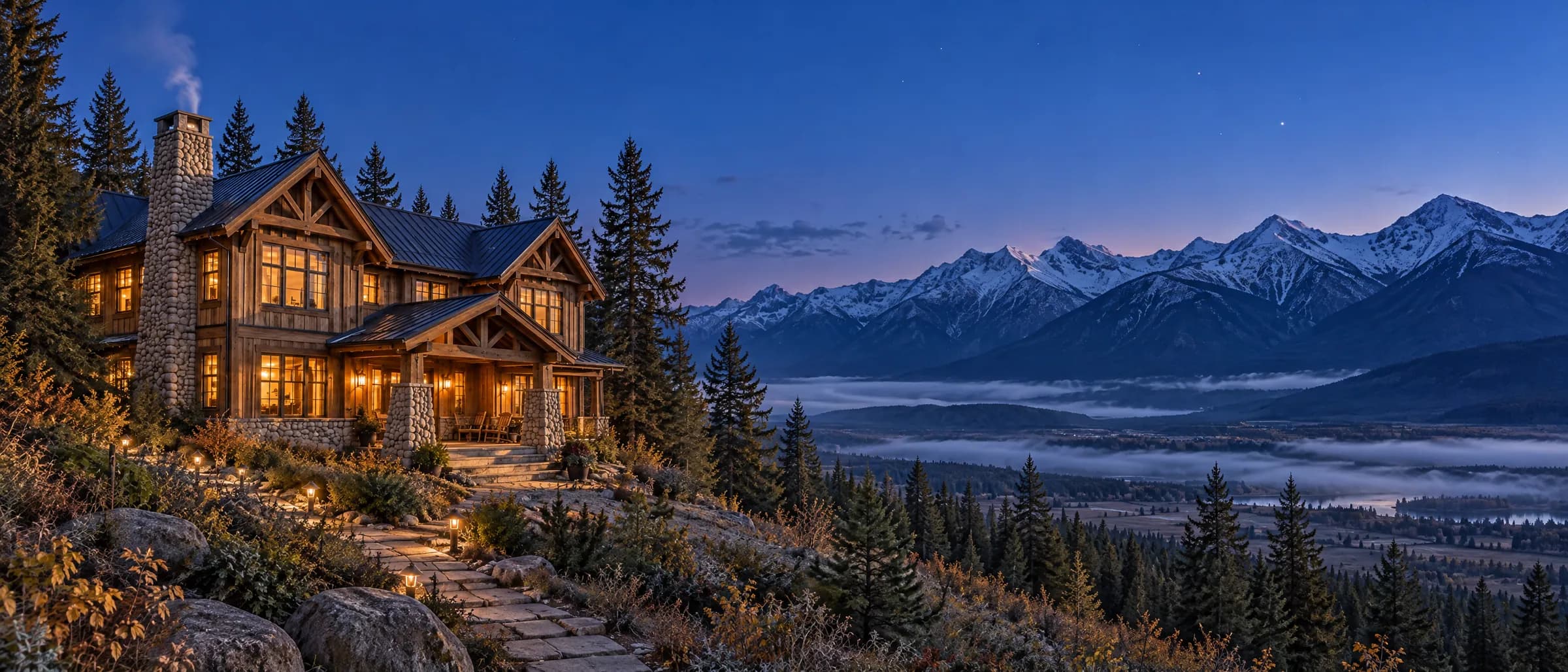 The lodge at blue hour, every window lit, with woodsmoke rising and the Columbia Valley and Purcell Mountains beyond