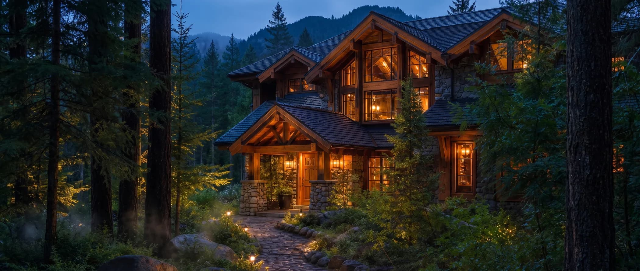 Cedar and Stone Lodge at blue hour, windows glowing along the lantern path