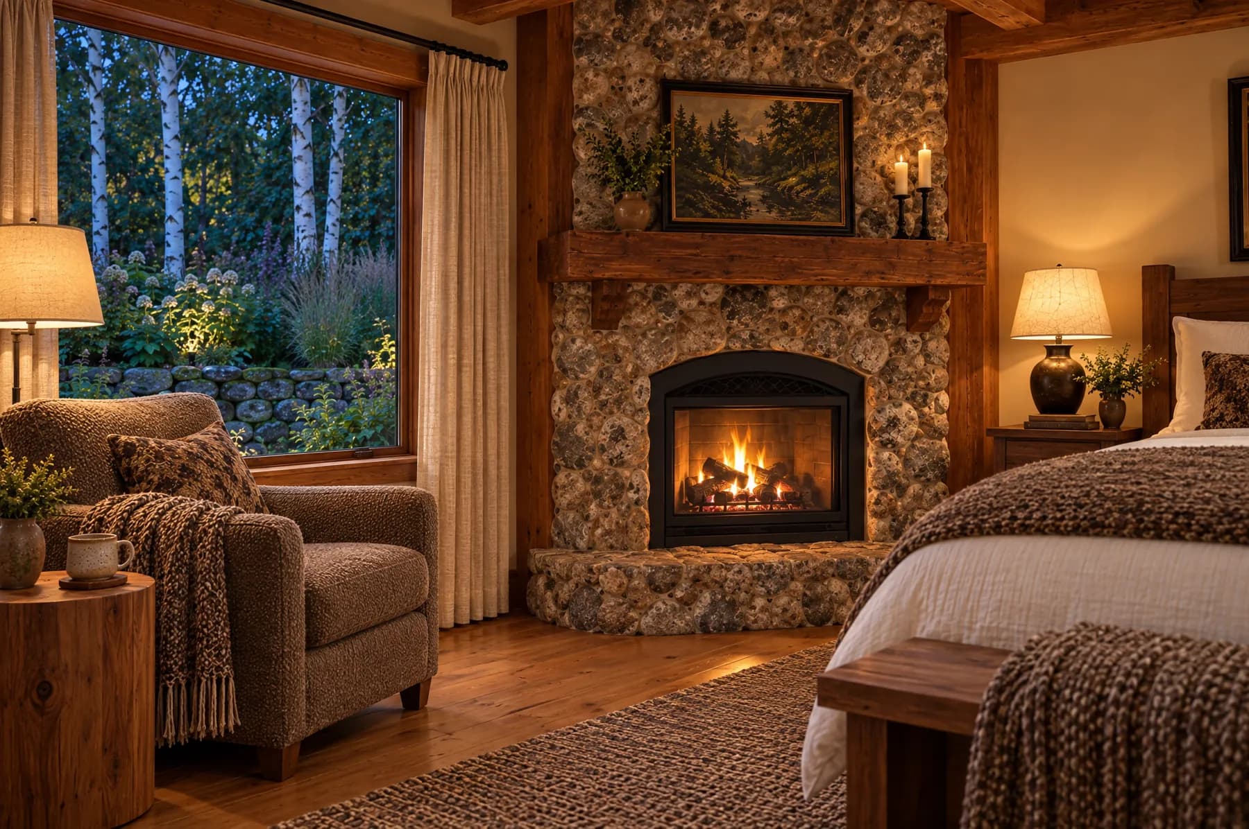 The fireplace corner of the Cedar Bough Room at dusk, a reading chair with a wool throw beside a lit river-stone fireplace and a window onto birch trees