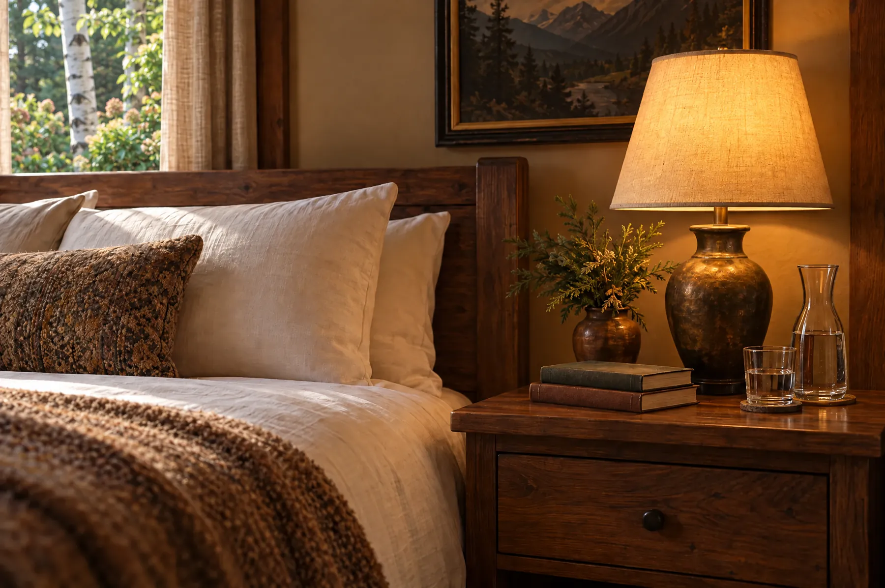 The bedside in the Cedar Bough Room: linen pillows, a brown wool throw, a lit lamp, two books and a carafe of water on the nightstand