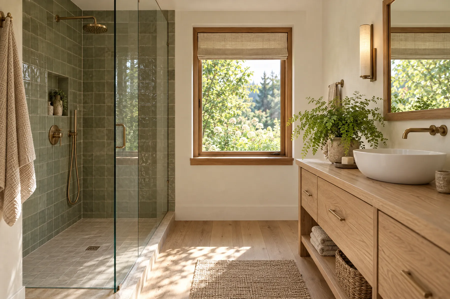 The private ensuite of the Fern & Stone Ensuite, with a sage-tiled walk-in shower and a white oak vanity beside a garden window