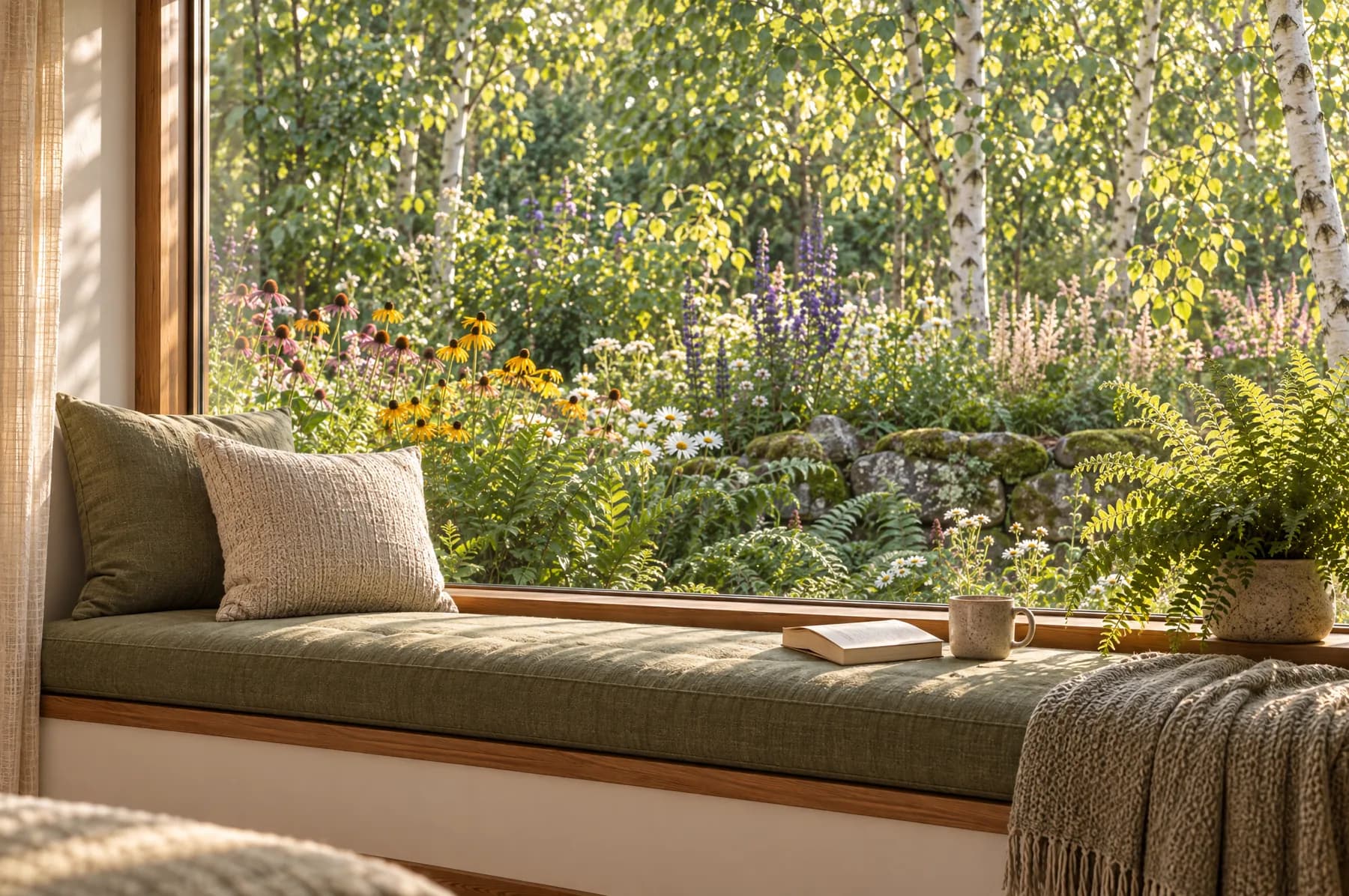 The window seat in the Fern & Stone Ensuite, a cushioned bench under a wide window onto a wildflower garden and misty valley