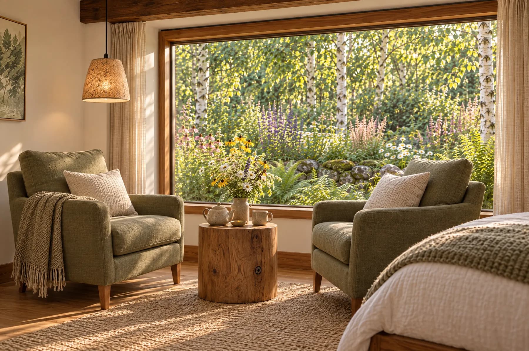 Two sage green armchairs and a pot of tea by the garden window of the Fern & Stone Ensuite in late afternoon sun