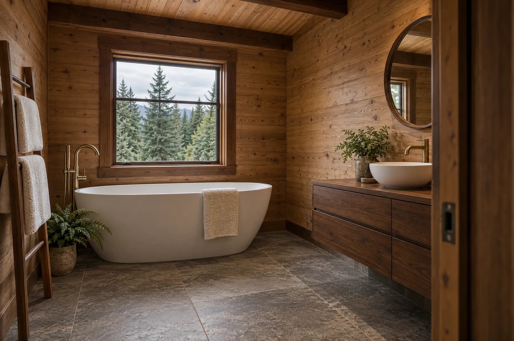 The private ensuite of the Hearthstone Ensuite, with a freestanding soaking tub under a window of conifers and a walnut vanity