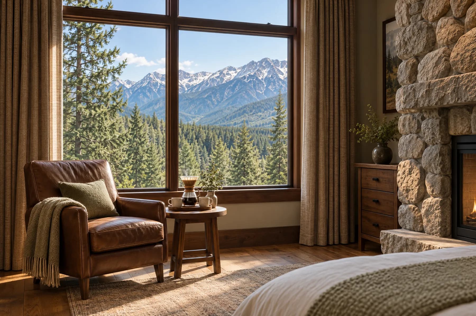 A leather armchair and pour-over coffee at the tall window of the Hearthstone Ensuite, looking out at snow-capped Rocky Mountain ridges