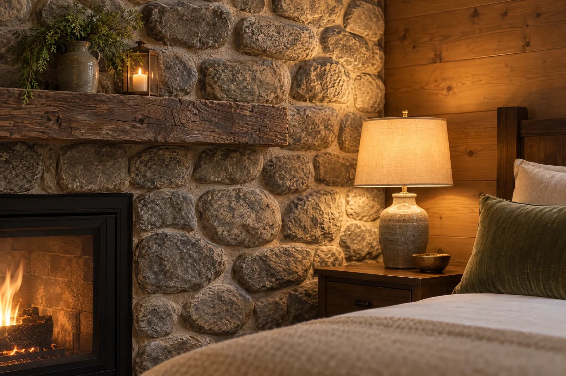 The river-stone fireplace wall beside the bed in the Hearthstone Ensuite, a candle lantern on the timber mantel and the fire lit