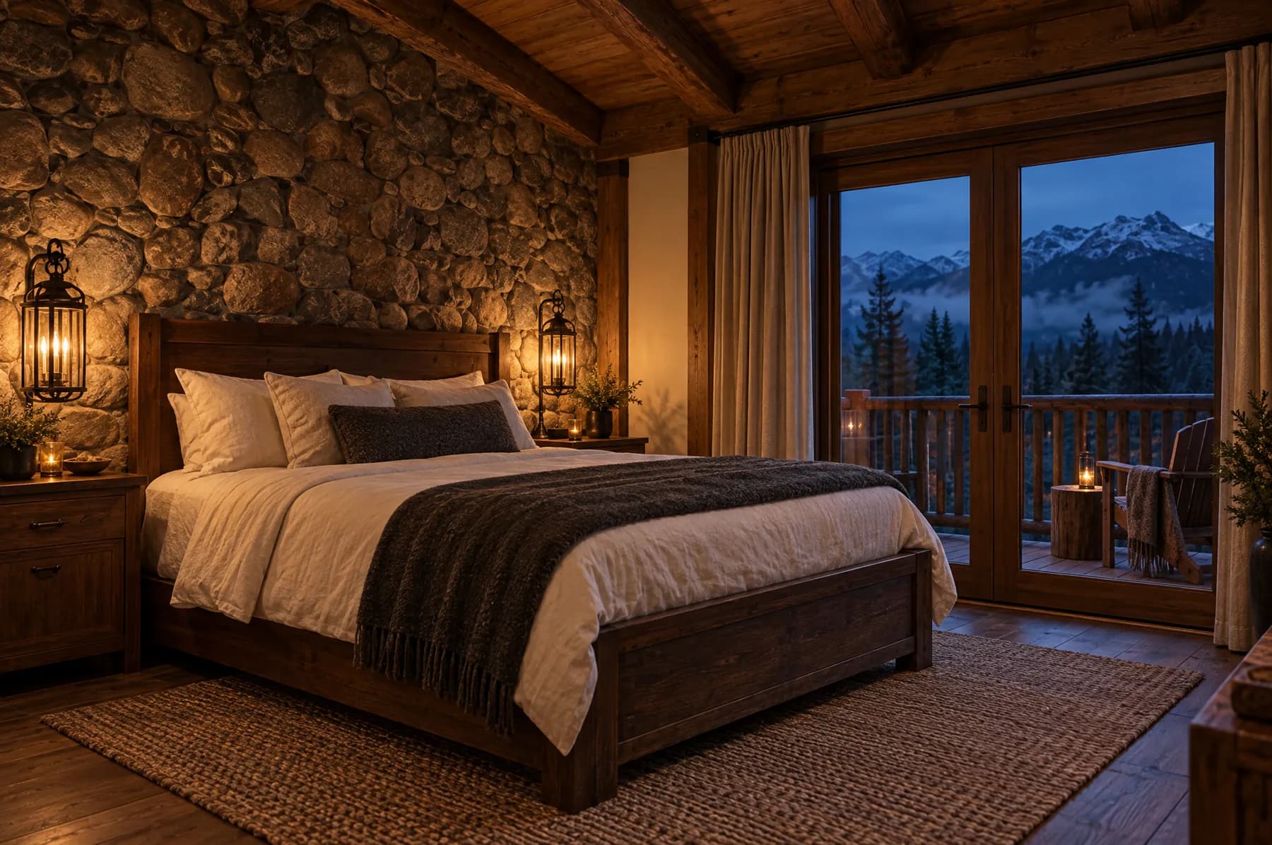 The Moonlit Ridge bedroom at dusk: a queen bed against a fieldstone wall, lantern lamps lit, and glass doors open to the balcony