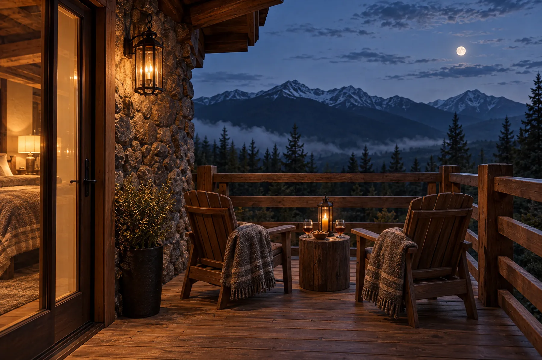 The private balcony of Moonlit Ridge under a full moon, two wooden chairs with blankets and a candle lantern facing the mountains