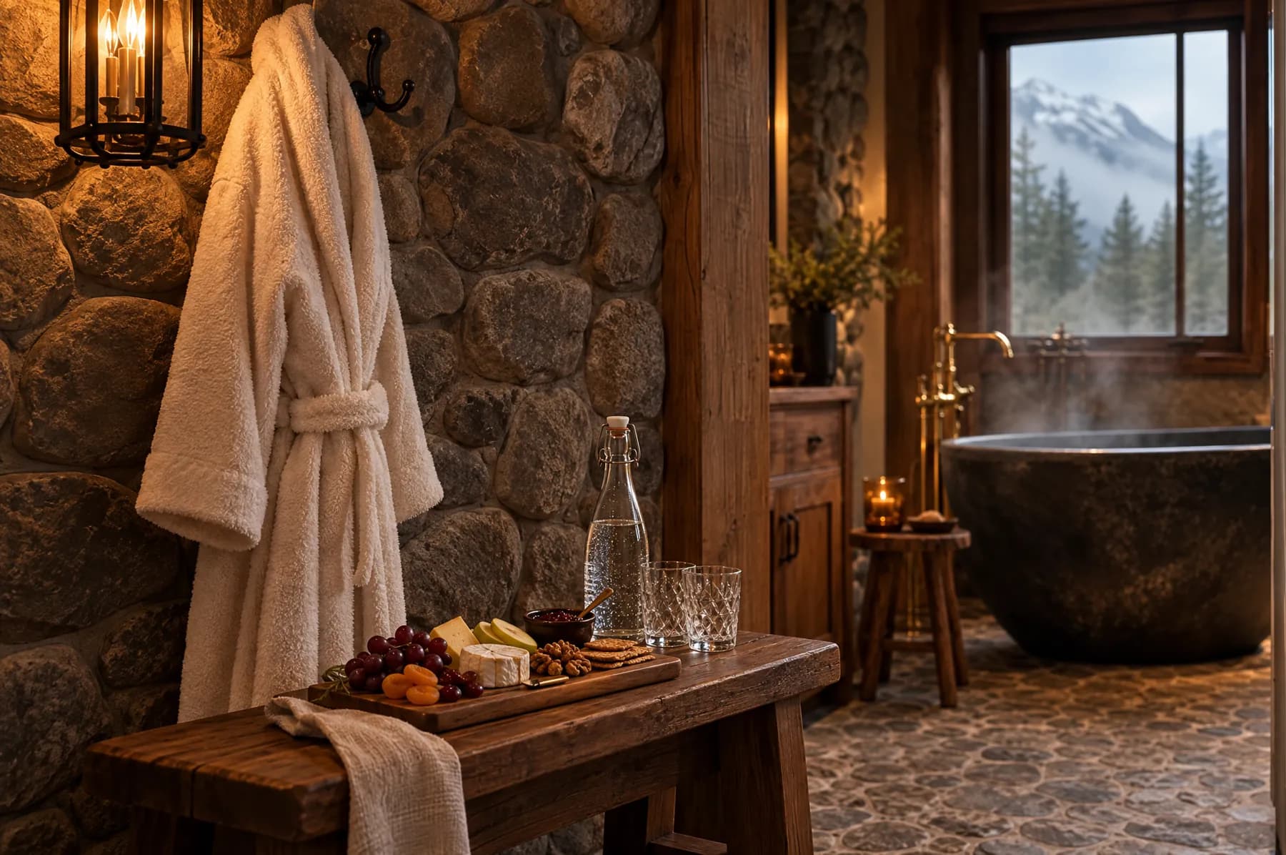 A cream robe on a hook and an arrival board of cheese, fruit and crackers in the Moonlit Ridge suite, the stone tub beyond