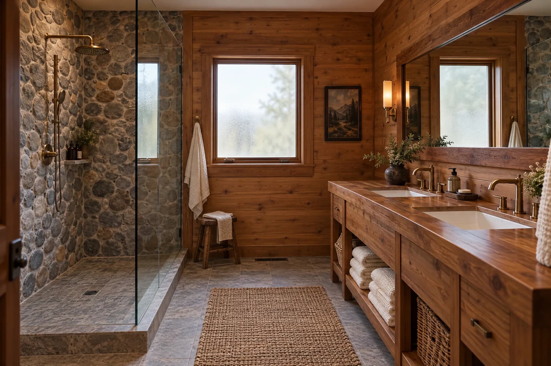The shared guest bathroom down the hall, with a walk-in river-stone shower and a cedar vanity with two sinks