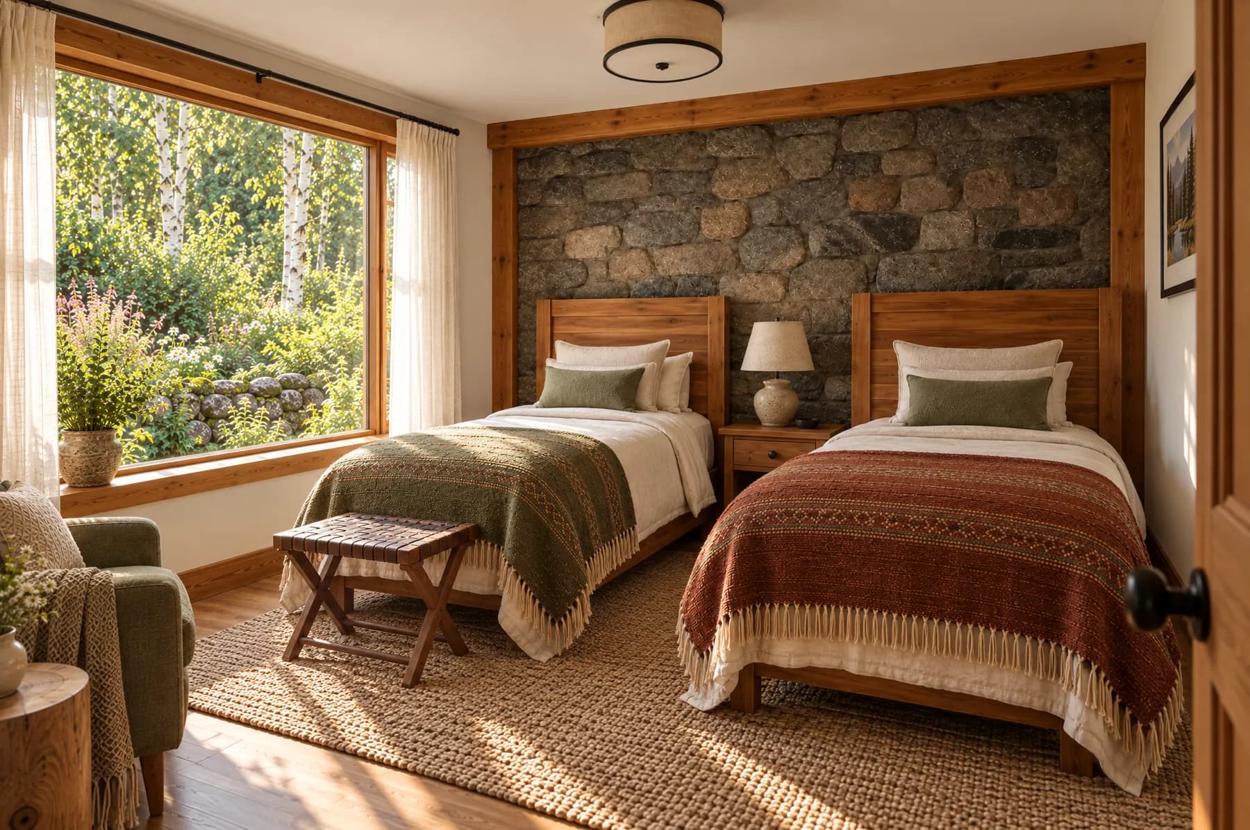 The Stonebrook Twin Room in afternoon light: two single beds against a fieldstone wall, a garden window and a luggage bench