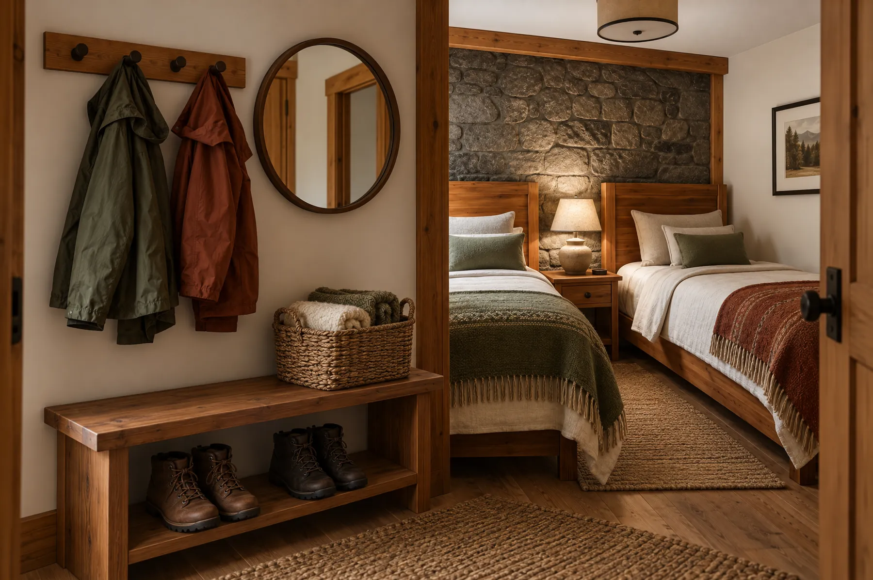The entry of the Stonebrook Twin Room, with a peg rail for rain jackets, a boot bench and a basket of spare blankets